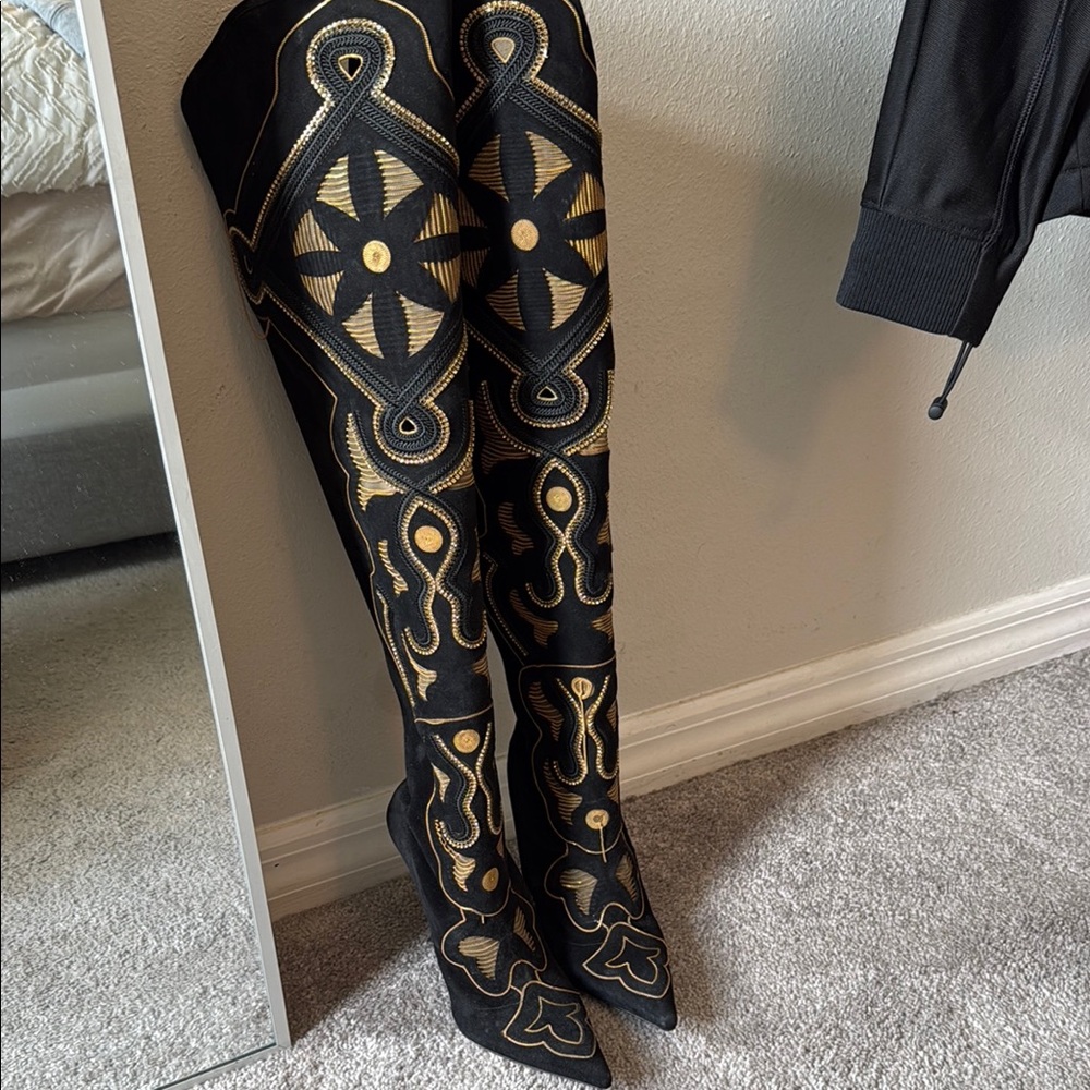 Versace Black and Gold Ornate Heeled Boots